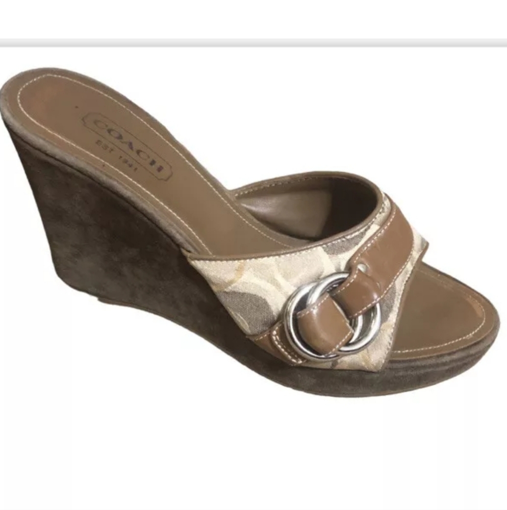 Coach Meredith Signature logo suede fabric wedges 7.5 medium